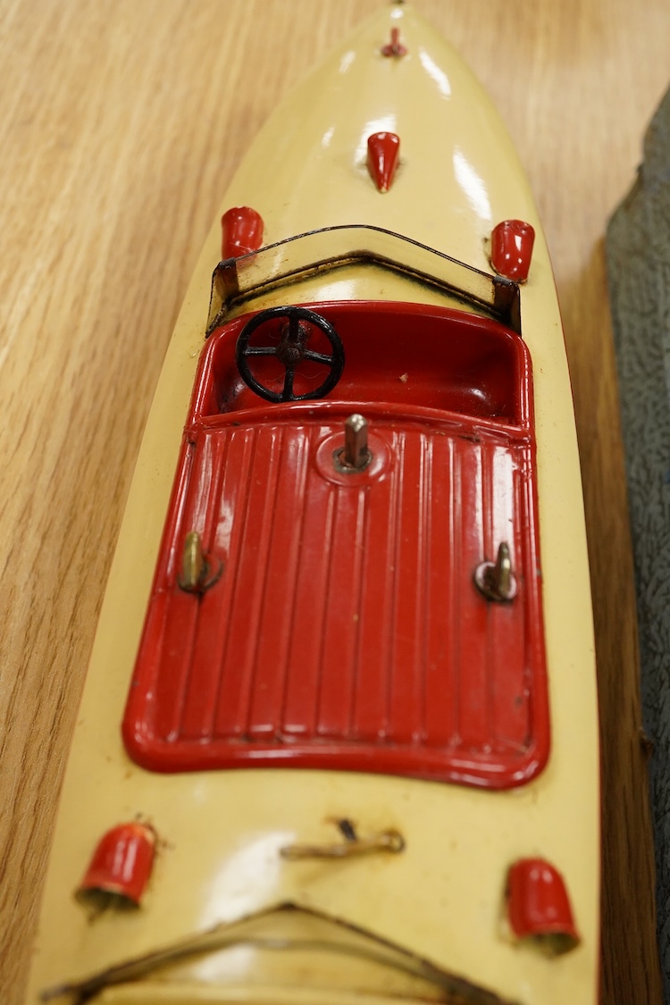 A boxed Hornby tinplate clockwork Speed Boat No.3, Racer III, with original instruction leaflet